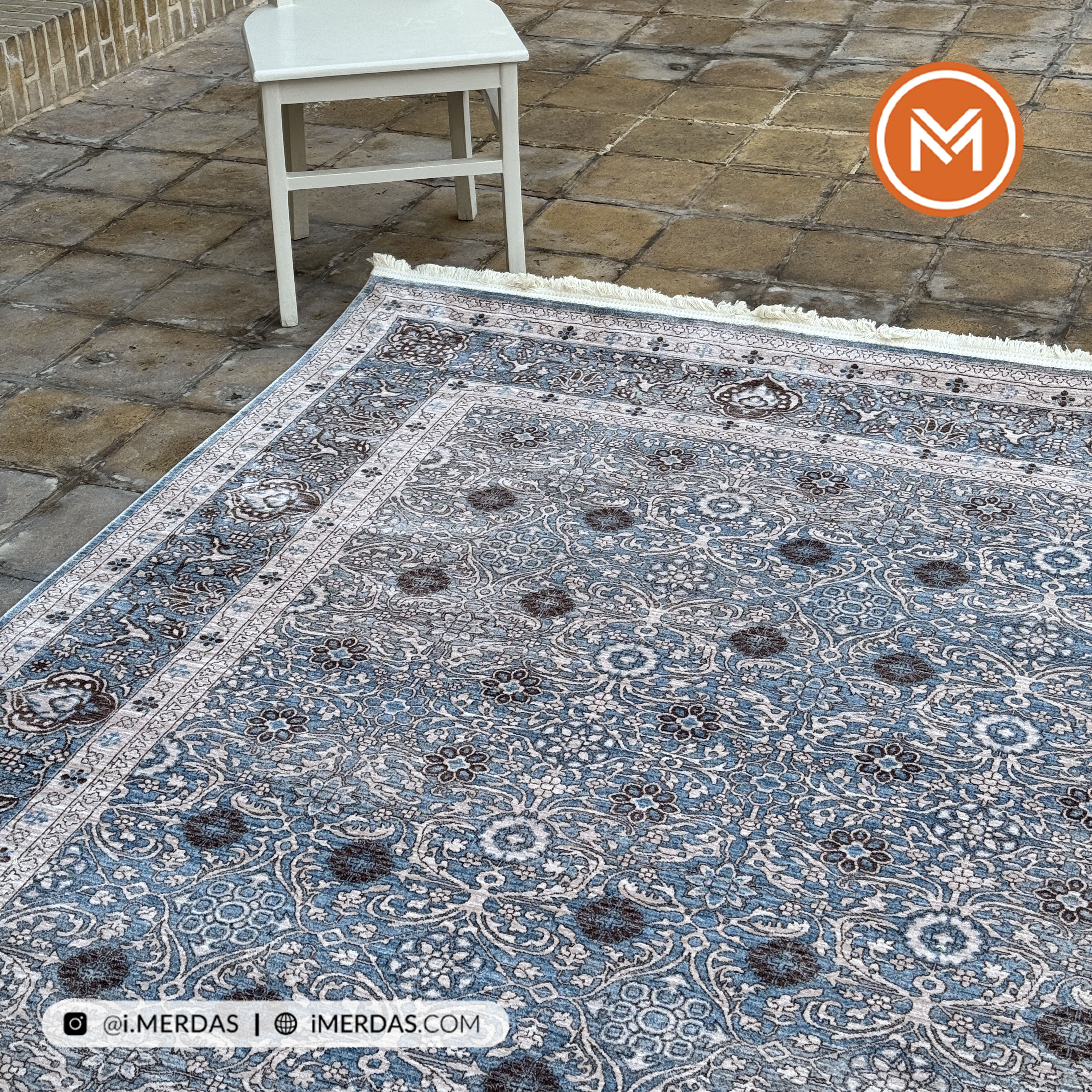 فرش وینتیج کد 76007 زمینه آبی قهوه ای